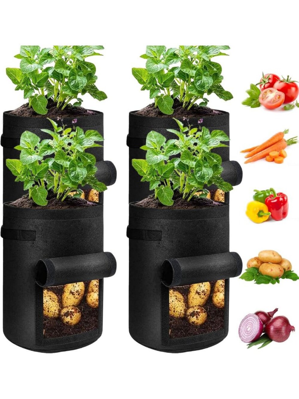 4 Pack 10 Gallon Potato Grow Bags with Flap & Handle, Heavy Duty Fabric Planters